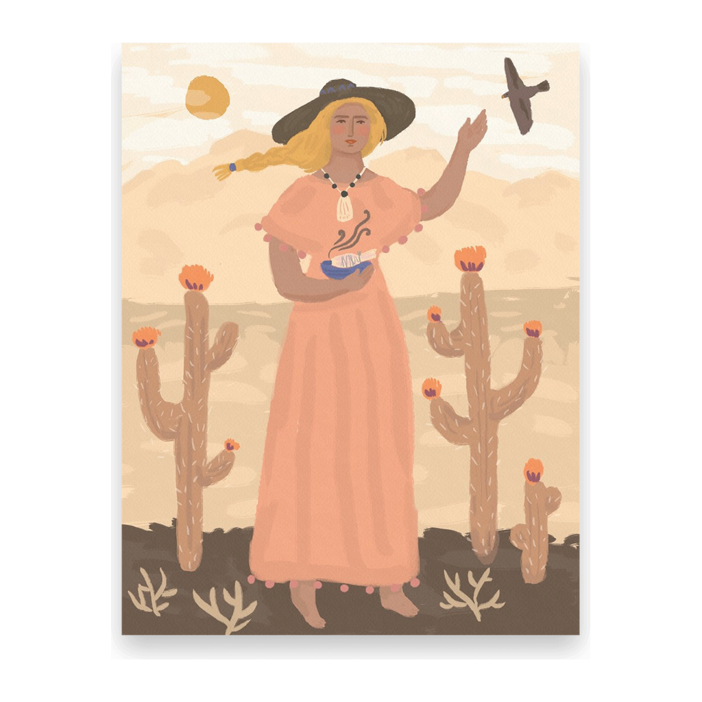 Postcards of a woman in the desert with cactus, burning sage with a hawk. Ingrid Press, made in the USA.