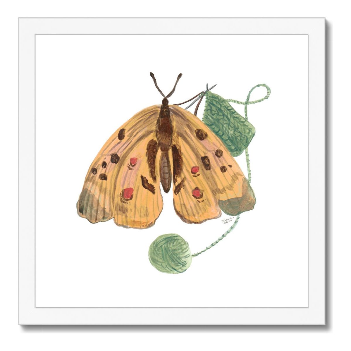 Knitting Butterfly Framed Illustration Print 12x12
