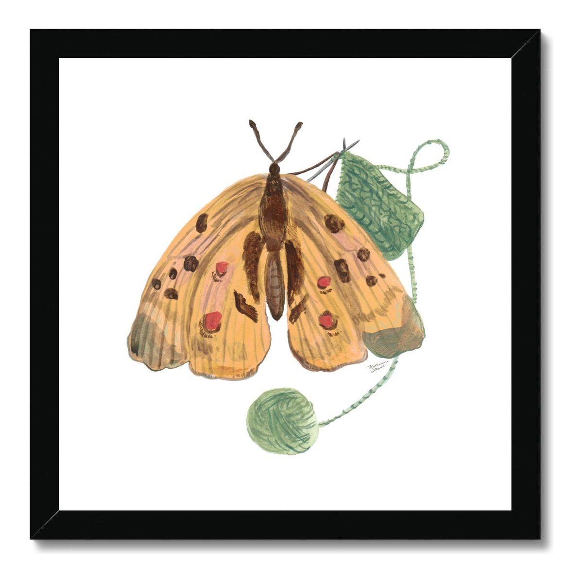 Knitting Butterfly Framed Illustration Print 12x12