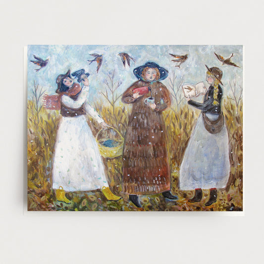 Hand painted greeting card of three friends in dresses, bird watching in a fall estuary with tea. Ingrid Press, made in the USA