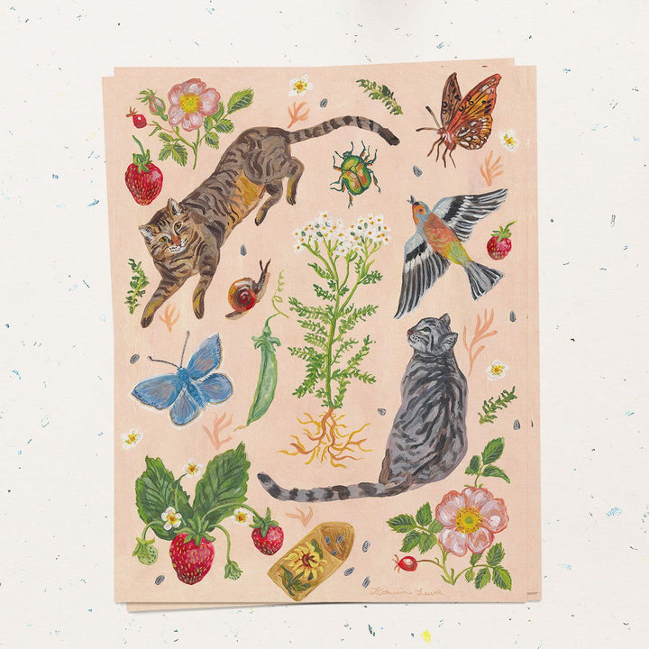 Greeting card of illustrated cats and other garden objects, including bugs, birds, flowers and seeds. Ingrid Press, printed in the USA