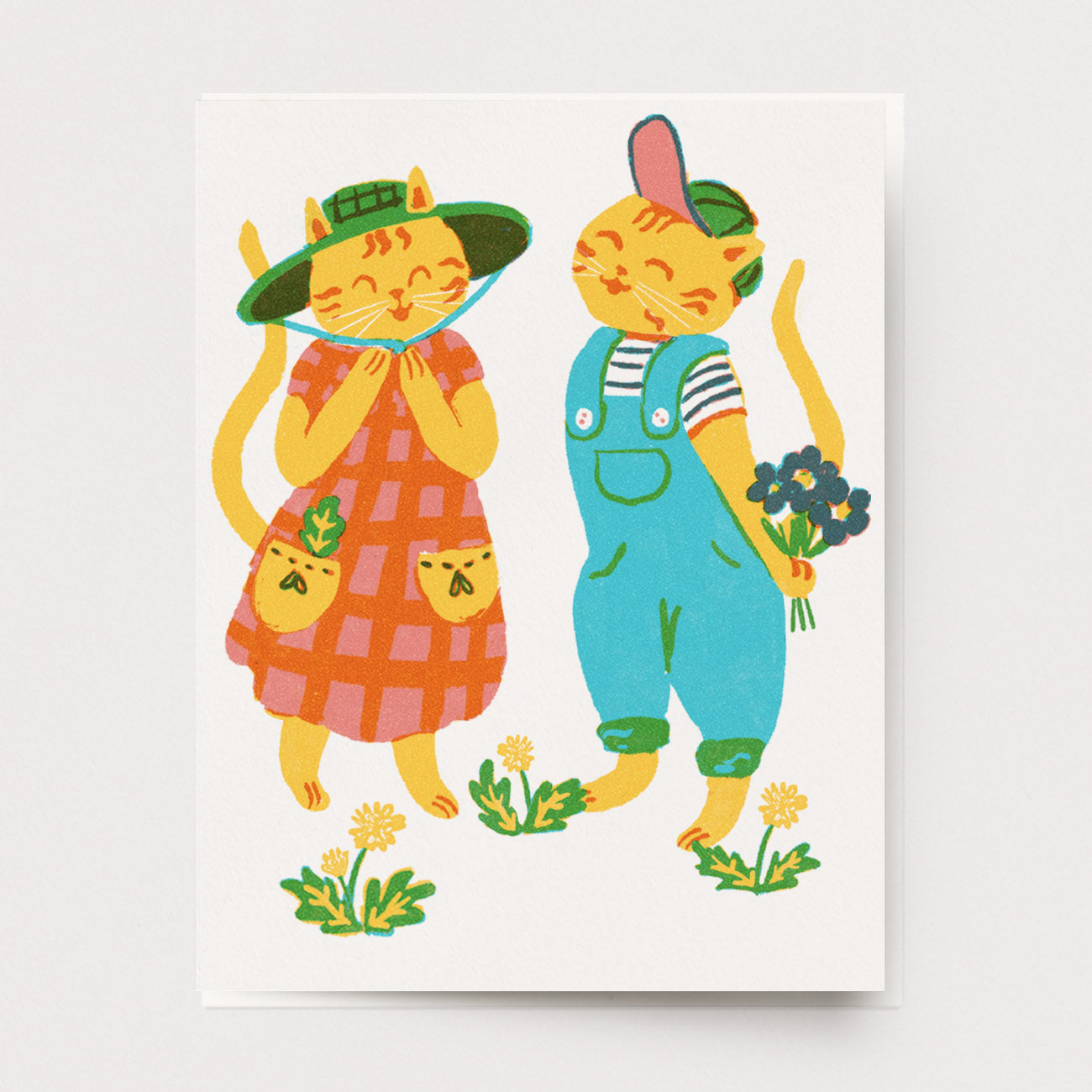 A love greeting card of two young kittens, illustrated in a vintage screenprint style. Made by Ingrid Press card and gift company, ethically printed in the USA.