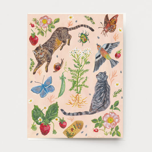 Greeting card of illustrated cats and other garden objects, including bugs, birds, flowers and seeds. Ingrid Press, printed in the USA