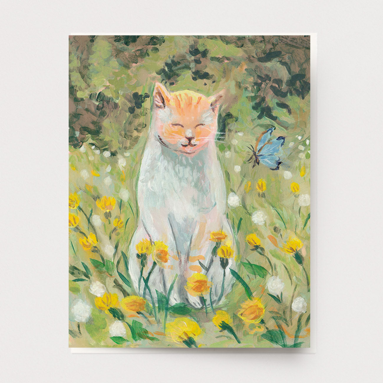 Greeting card of a cat sitting in a field of dandelions with a butterfly, Ingrid Press made in the USA