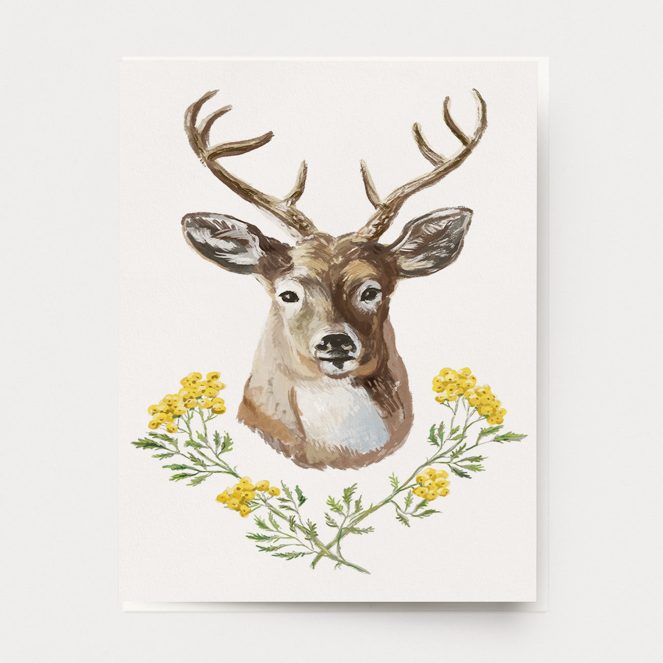  Greeting card of a deer stag portrait with a wreath of flowers. Ingrid Press, made in the USA.