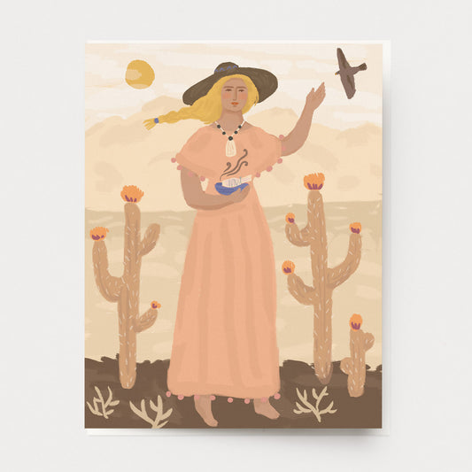 Greeting card of a woman in the desert with cactus, burning sage with a hawk. Ingrid Press, made in the USA.