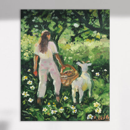 Art print painting of a woman with a basket and a goat in a garden setting