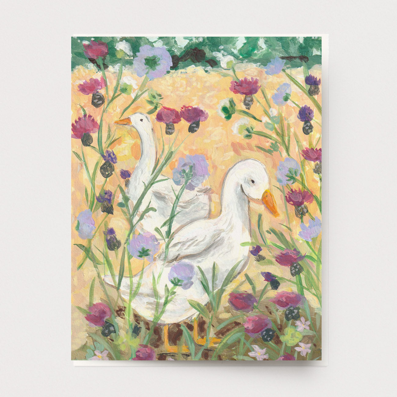 Greeting card of ducks in a meadow of flowers, Ingrid Press made in the USA