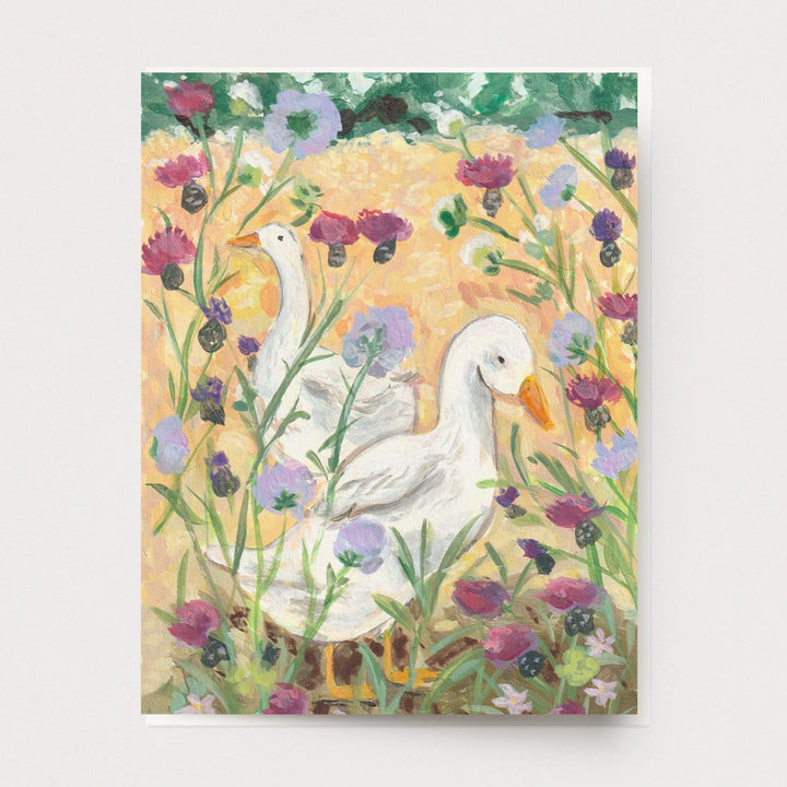 Greeting card of ducks in a meadow of flowers, Ingrid Press made in the USA