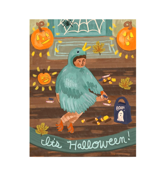 Halloween card with trick or treater sitting on front porch with jack o lanterns wearing a bird costume