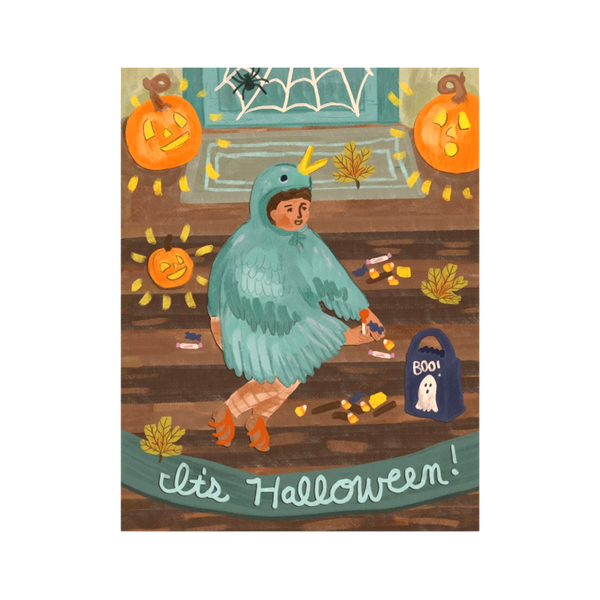 Halloween card with trick or treater sitting on front porch with jack o lanterns wearing a bird costume