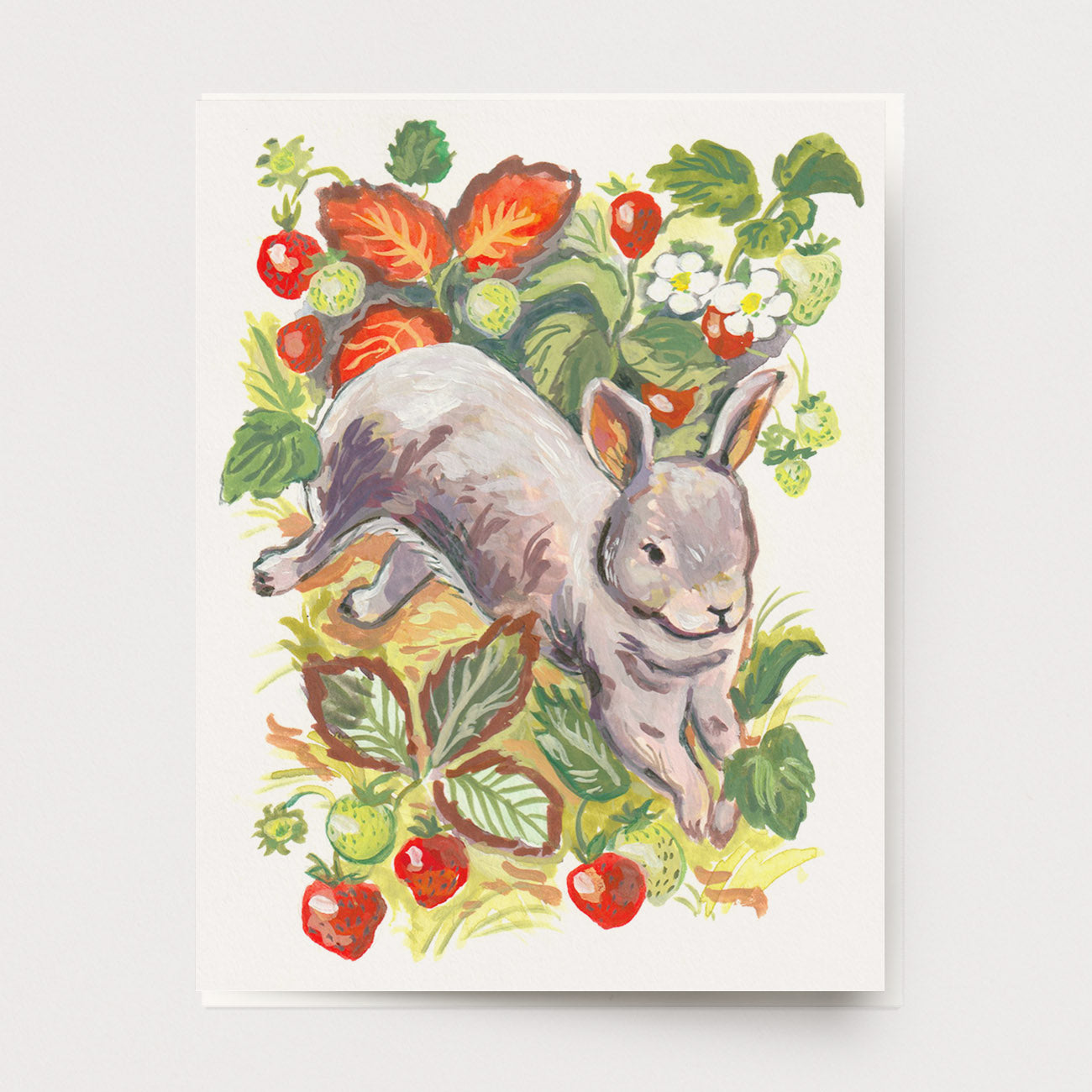 Greeting card of a rabbit in a strawberry patch garden, Ingrid Press made in the USA