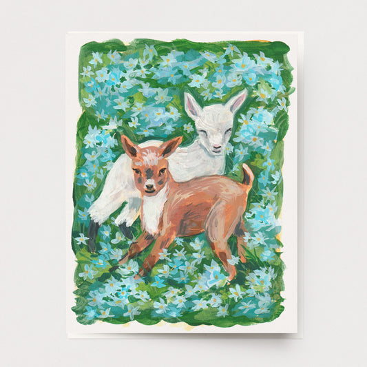 Greeting Card of baby goats playing in a field of wild flowers, Ingrid Press made in the USA